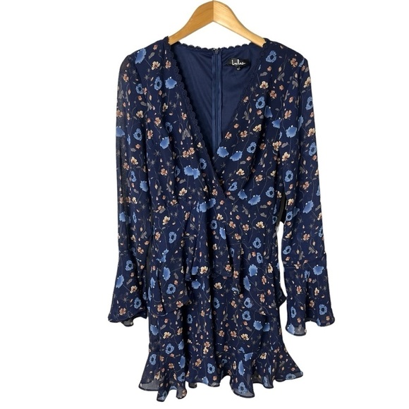 Lulus Bravissima Floral Print Flounce Sleeve Ruffled Dress Navy Blue Size Large - Picture 3 of 9